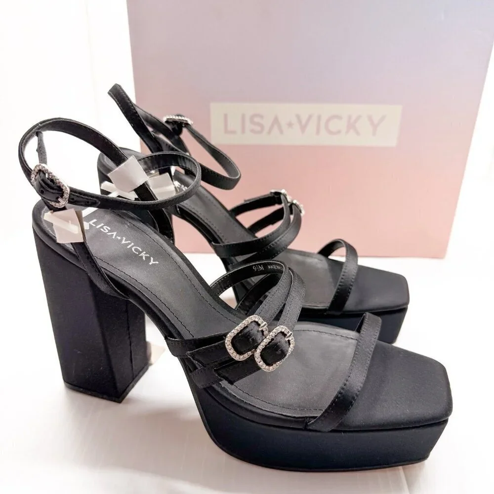 Lisa Vicky Babe-V Heels 9.5 Black Satin Strappy Platform Sandals Chunky Heel NIB